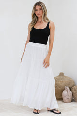 Anka Maxi Skirt - High Waisted Tiered A-Line Skirt in White