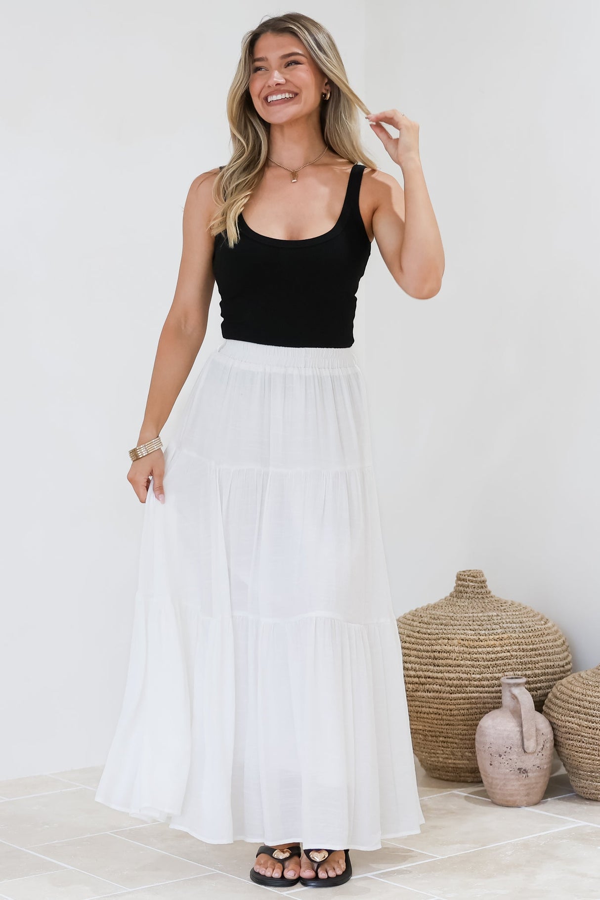 Anka Maxi Skirt - High Waisted Tiered A-Line Skirt in White