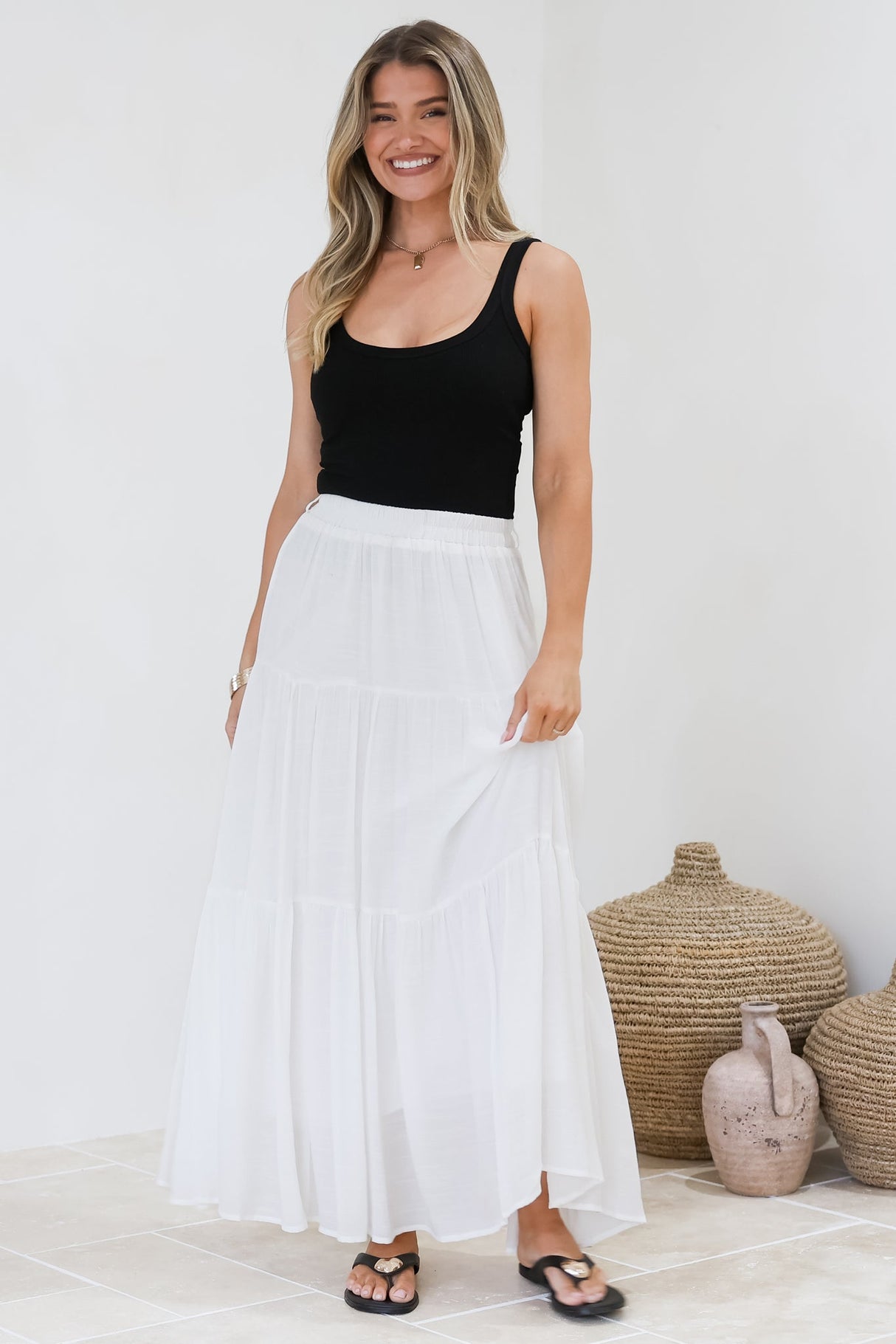 Anka Maxi Skirt - High Waisted Tiered A-Line Skirt in White