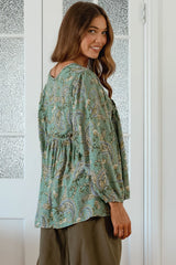 JAASE - Anna Top: Crochet Detailed Pull Over with Long Balloon Sleeves in Sagewood Print