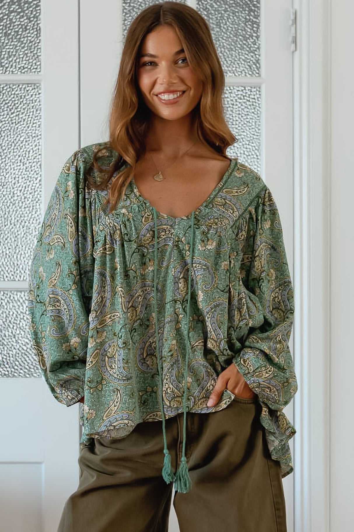 JAASE - Anna Top: Crochet Detailed Pull Over with Long Balloon Sleeves in Sagewood Print