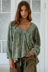 JAASE - Anna Top: Crochet Detailed Pull Over with Long Balloon Sleeves in Sagewood Print