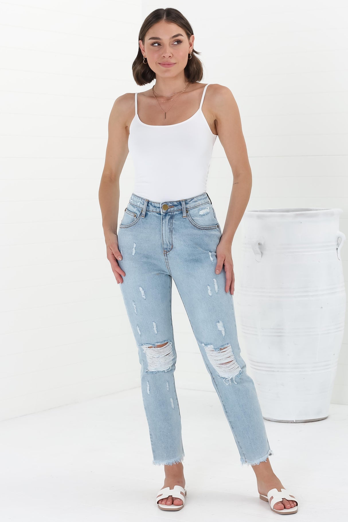 Annie Boyfriend Jeans - Distressed Mid Rise Boyfriend Jeans in Light Denim