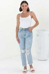 Annie Boyfriend Jeans - Distressed Mid Rise Boyfriend Jeans in Light Denim