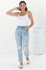 Annie Boyfriend Jeans - Distressed Mid Rise Boyfriend Jeans in Light Denim