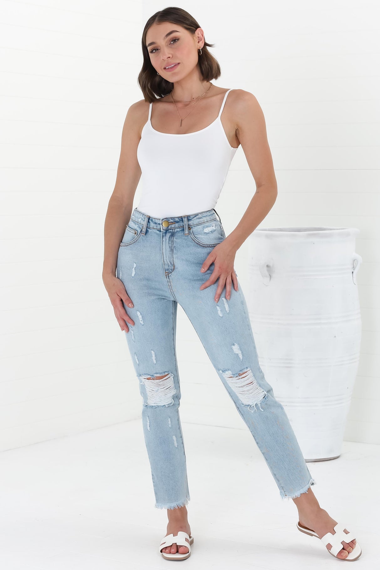 Annie Boyfriend Jeans - Distressed Mid Rise Boyfriend Jeans in Light Denim