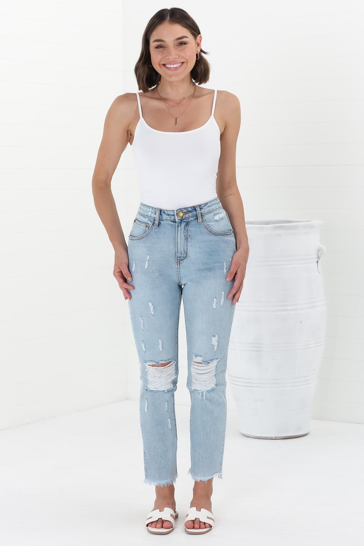 Annie Boyfriend Jeans - Distressed Mid Rise Boyfriend Jeans in Light Denim