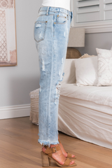 Annie Boyfriend Jeans - Distressed Mid Rise Boyfriend Jeans in Light Denim