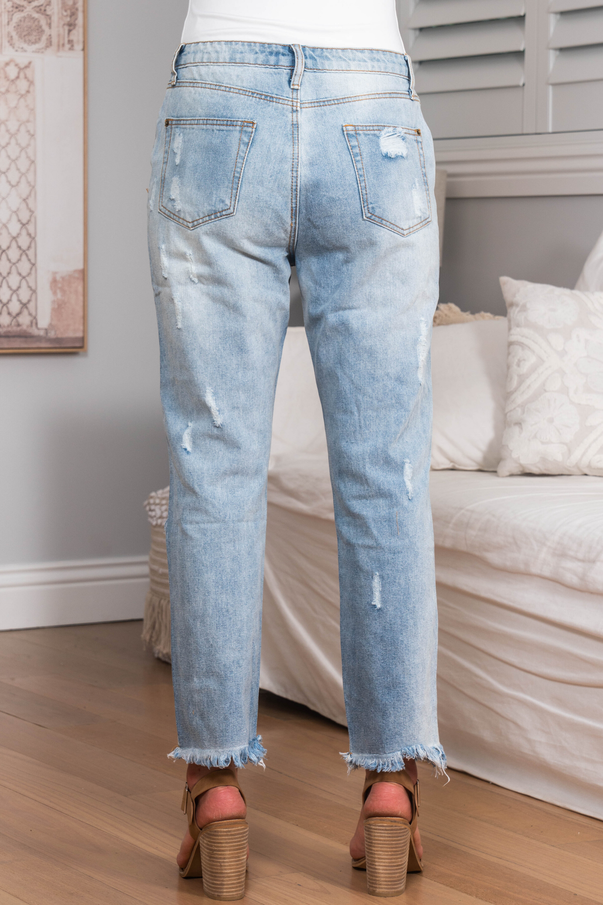 Annie Boyfriend Jeans - Distressed Mid Rise Boyfriend Jeans in Light Denim