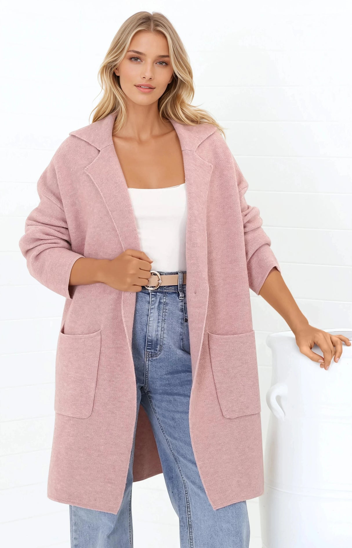 Annie Cardigan - Folded Collar Coatigan with Pockets in Pink