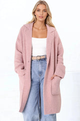 Annie Cardigan - Folded Collar Coatigan with Pockets in Pink