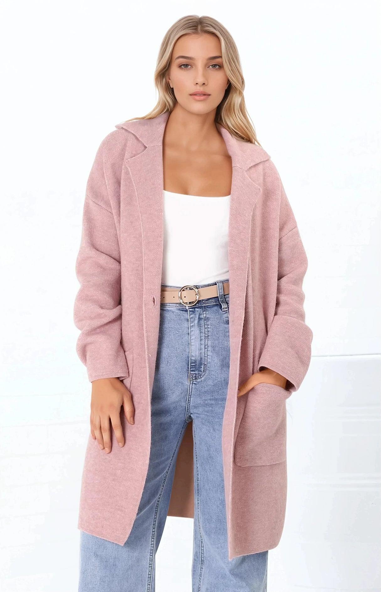 Annie Cardigan - Folded Collar Coatigan with Pockets in Pink