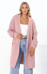 Annie Cardigan - Folded Collar Coatigan with Pockets in Pink