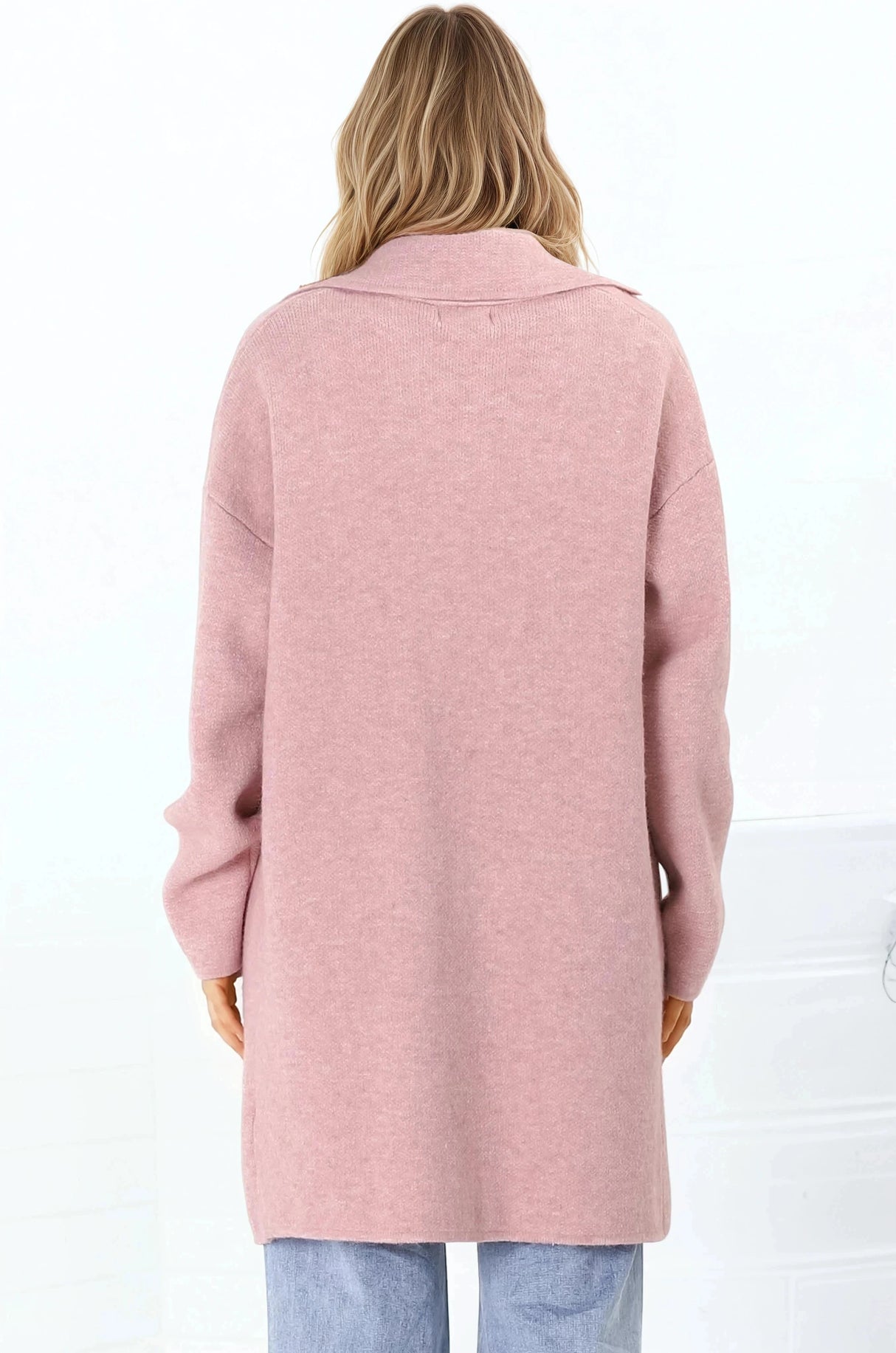 Annie Cardigan - Folded Collar Coatigan with Pockets in Pink
