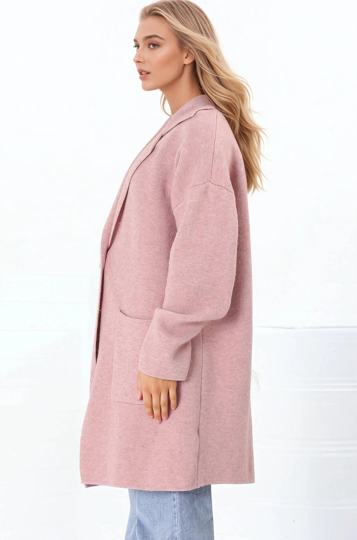Annie Cardigan - Folded Collar Coatigan with Pockets in Pink