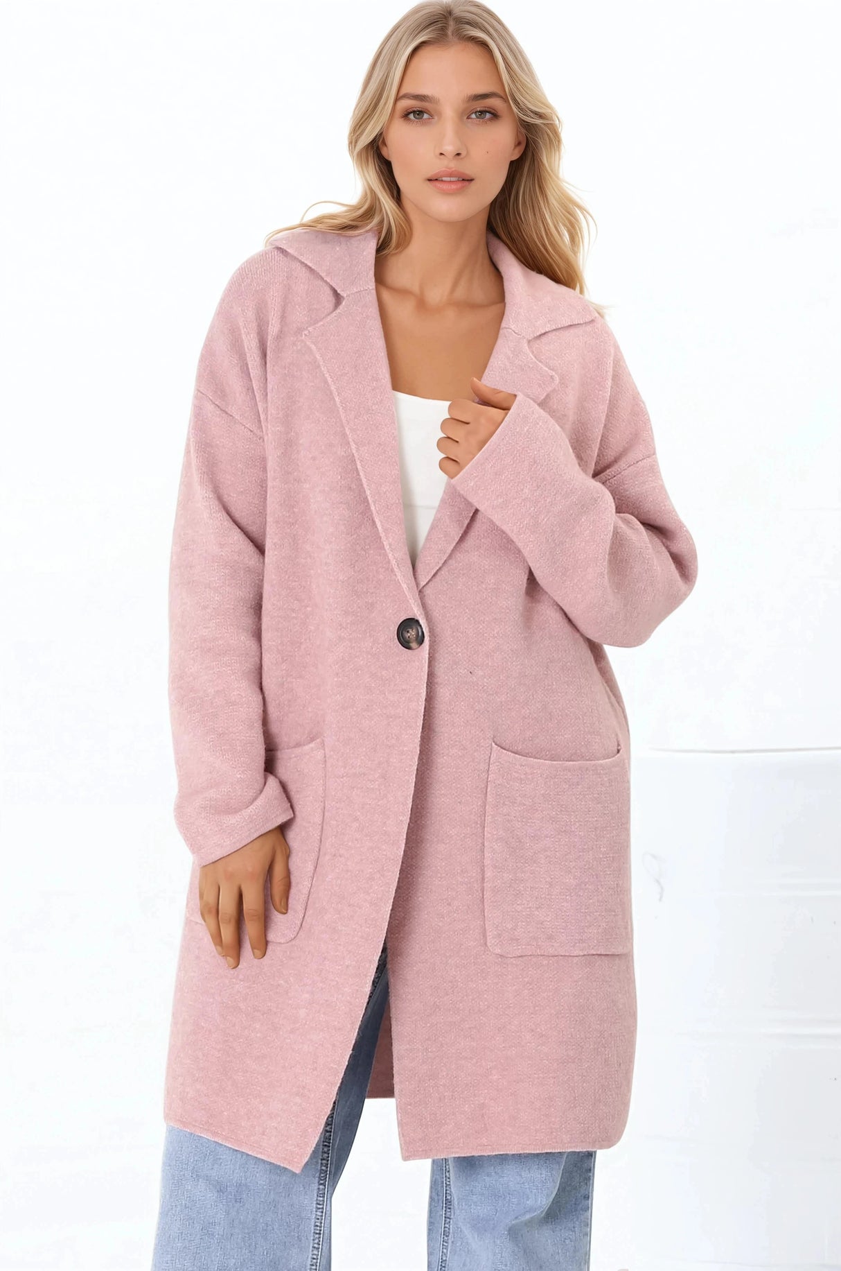 Annie Cardigan - Folded Collar Coatigan with Pockets in Pink