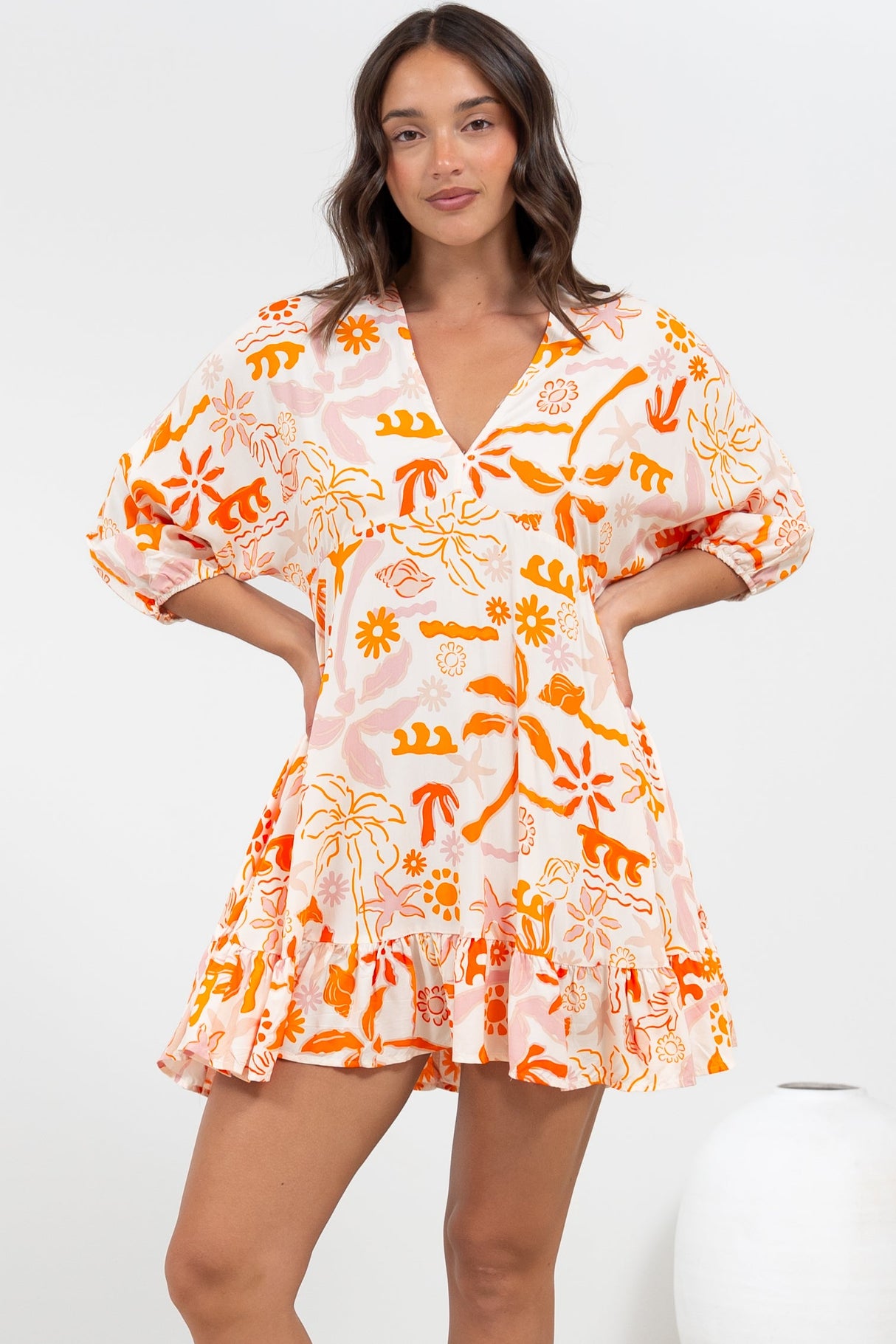 Annika Mini Dress - V-Neck Empire Line Dress with Balloon Sleeves in Sealy Print