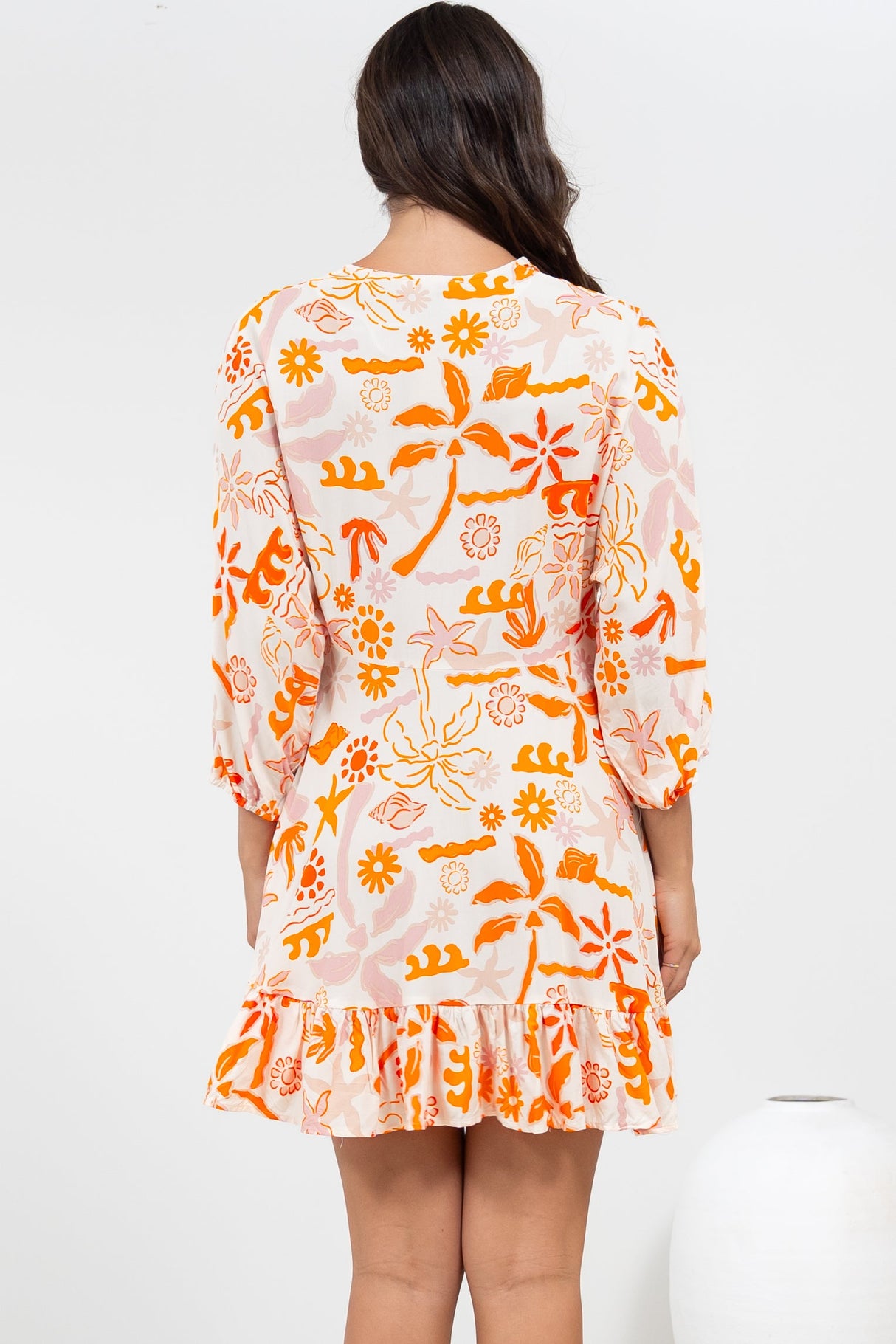Annika Mini Dress - V-Neck Empire Line Dress with Balloon Sleeves in Sealy Print