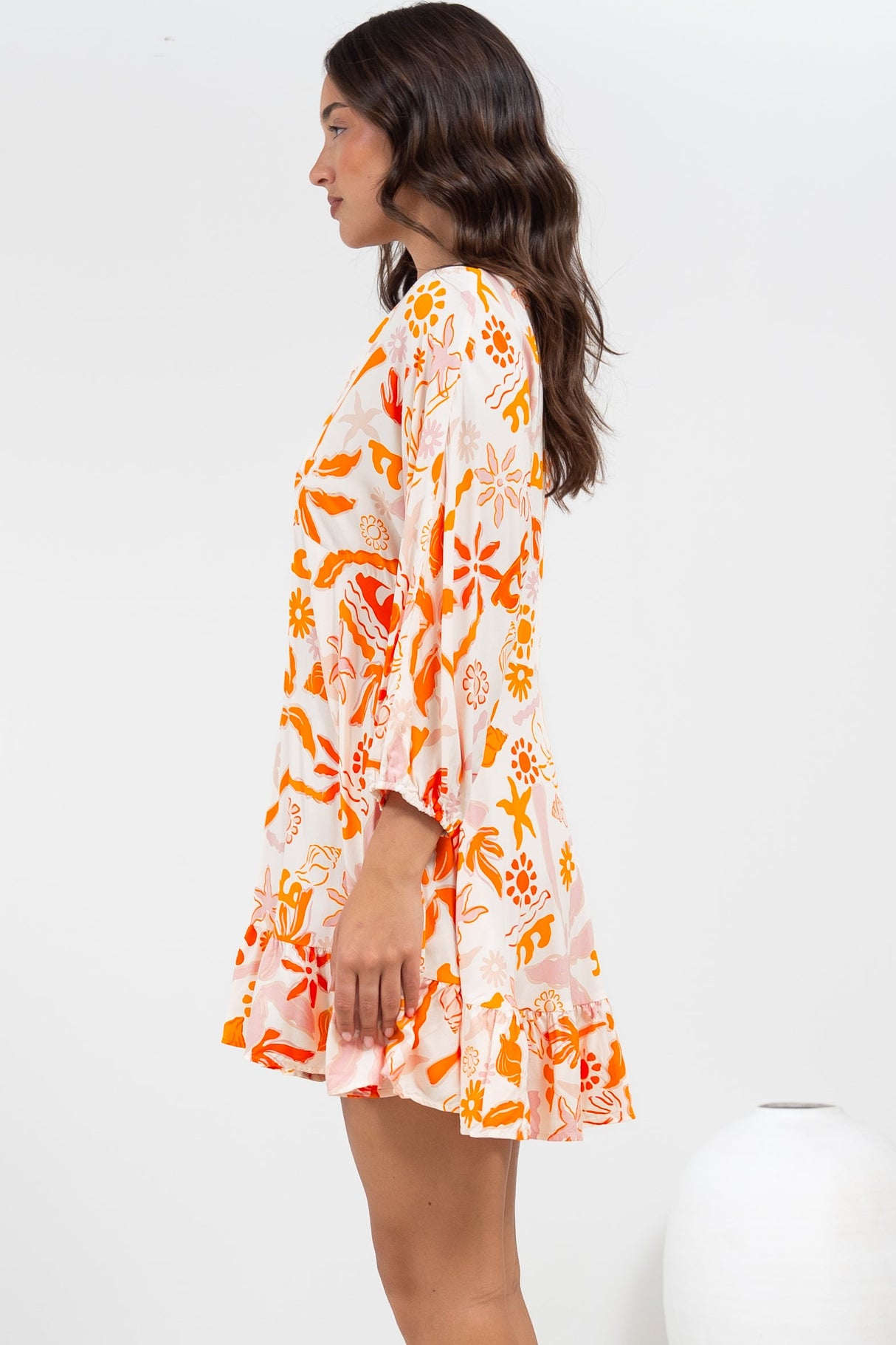Annika Mini Dress - V-Neck Empire Line Dress with Balloon Sleeves in Sealy Print