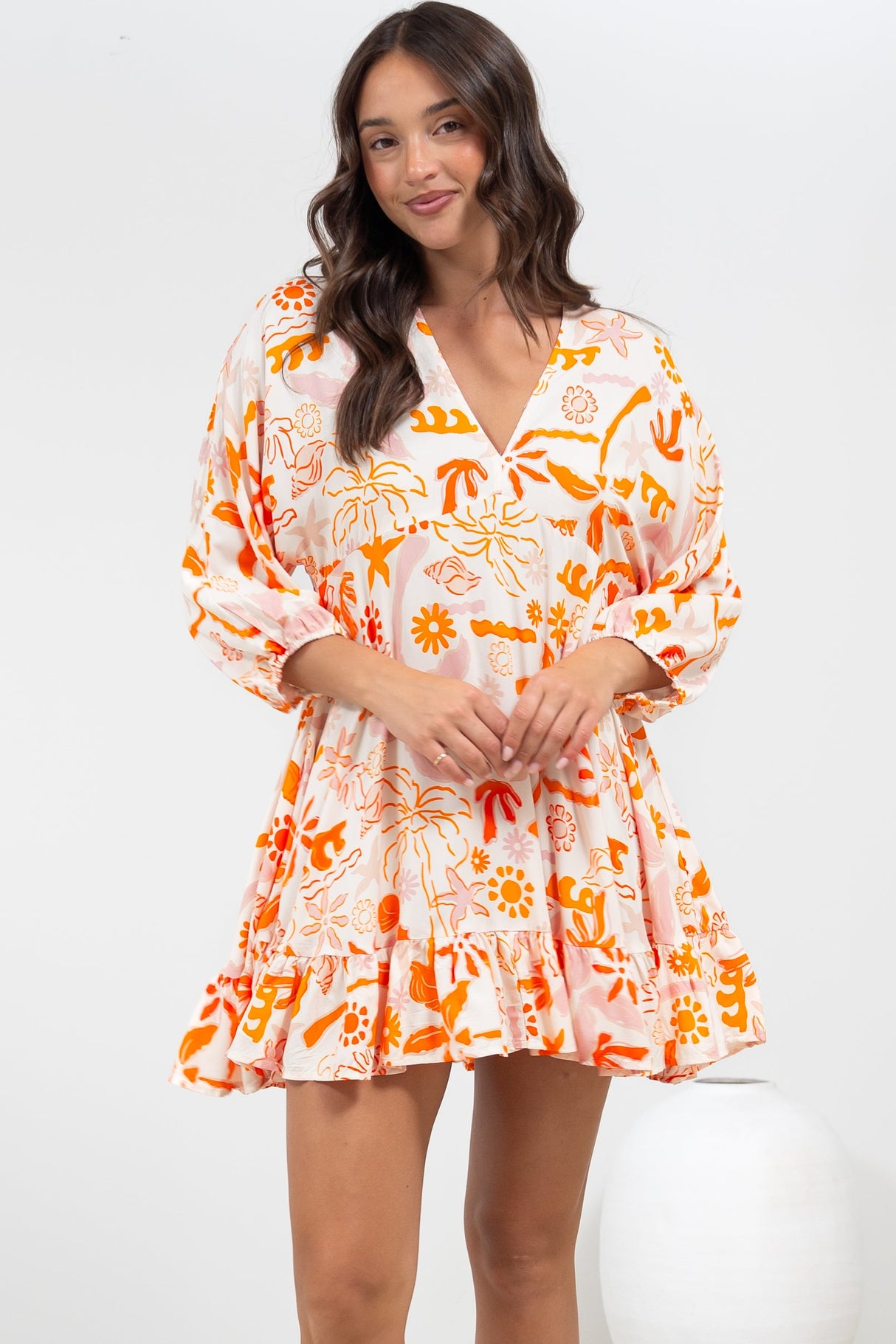 Annika Mini Dress - V-Neck Empire Line Dress with Balloon Sleeves in Sealy Print