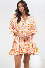 Annika Mini Dress - V-Neck Empire Line Dress with Balloon Sleeves in Sealy Print