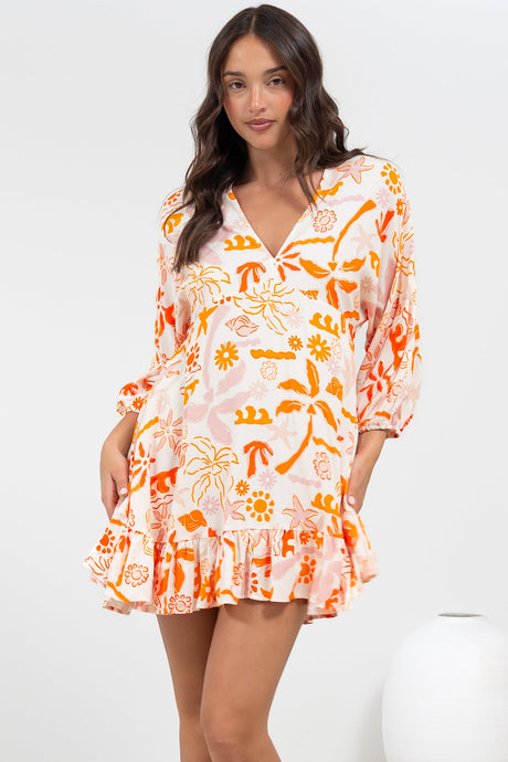 Annika Mini Dress - V-Neck Empire Line Dress with Balloon Sleeves in Sealy Print