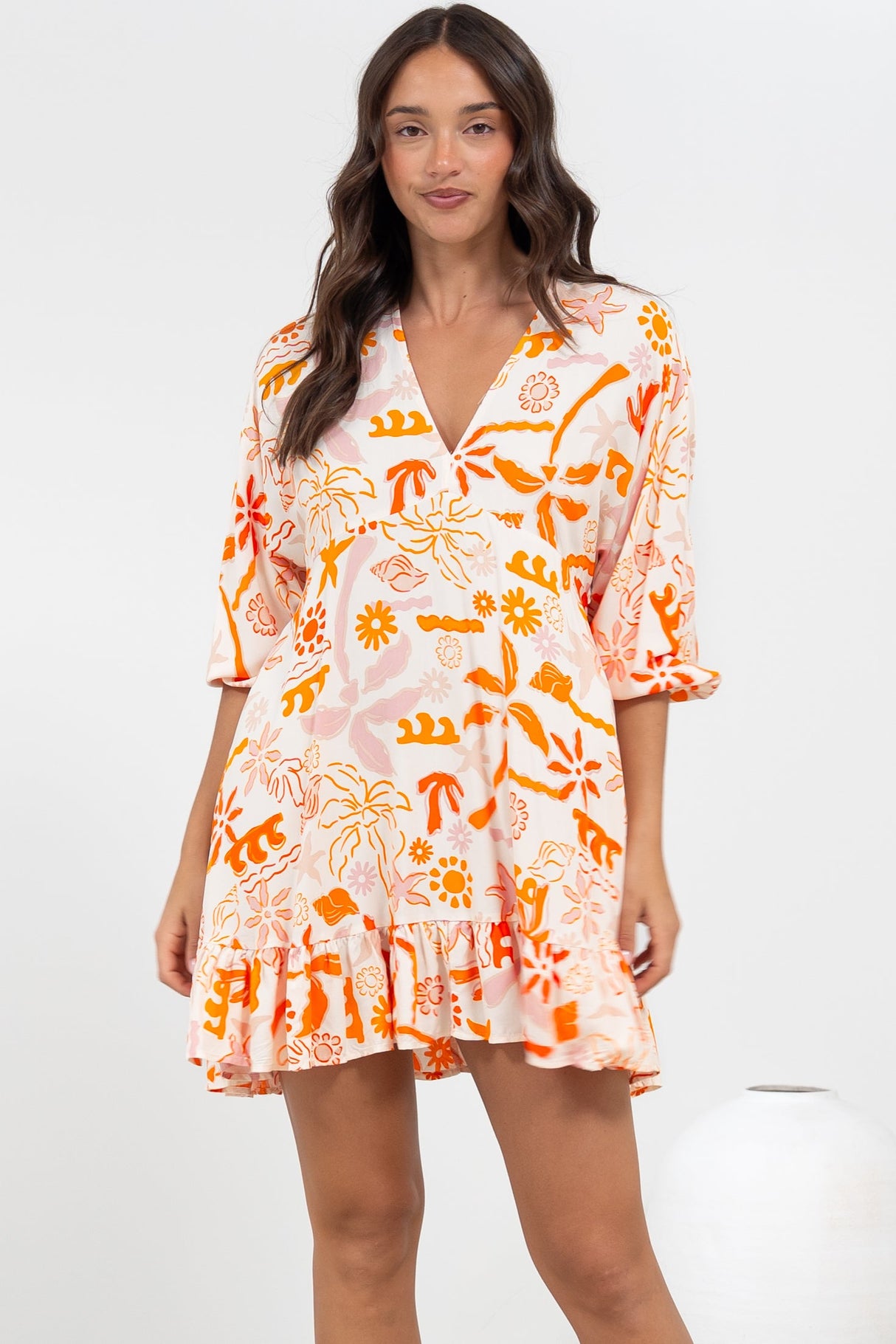 Annika Mini Dress - V-Neck Empire Line Dress with Balloon Sleeves in Sealy Print