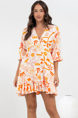 Annika Mini Dress - V-Neck Empire Line Dress with Balloon Sleeves in Sealy Print