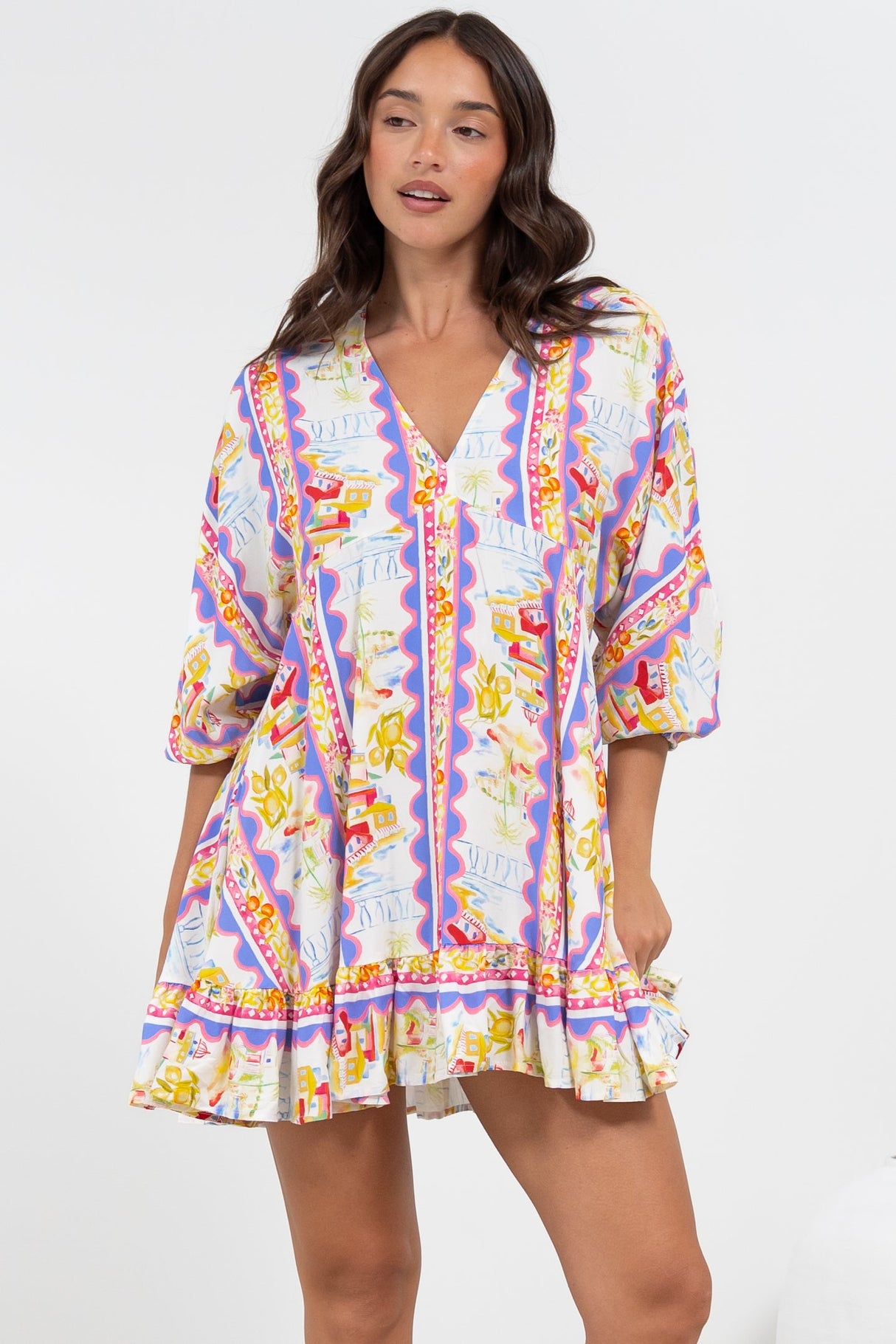Annika Mini Dress - V-Neck Empire Line Dress with Balloon Sleeves in Wavey Print