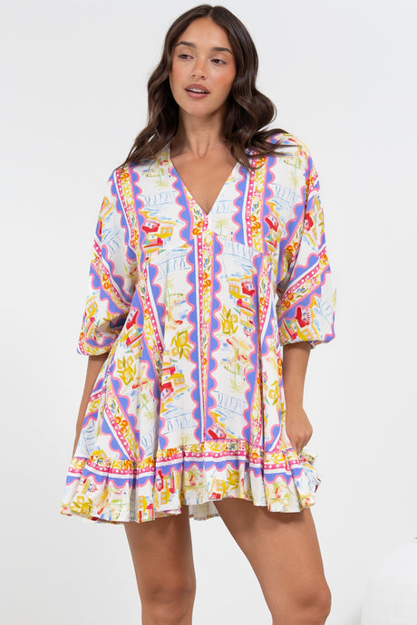 Annika Mini Dress - V-Neck Empire Line Dress with Balloon Sleeves in Wavey Print