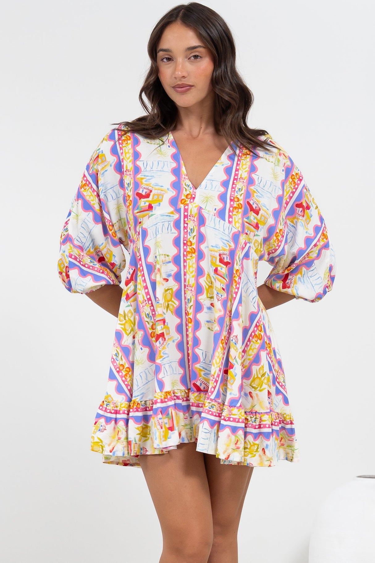 Annika Mini Dress - V-Neck Empire Line Dress with Balloon Sleeves in Wavey Print