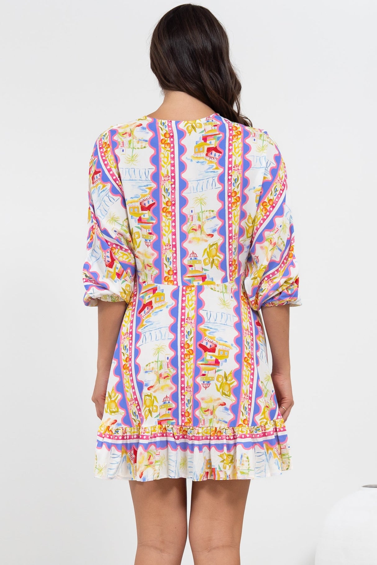 Annika Mini Dress - V-Neck Empire Line Dress with Balloon Sleeves in Wavey Print