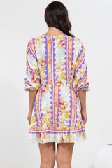 Annika Mini Dress - V-Neck Empire Line Dress with Balloon Sleeves in Wavey Print
