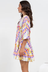Annika Mini Dress - V-Neck Empire Line Dress with Balloon Sleeves in Wavey Print