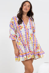 Annika Mini Dress - V-Neck Empire Line Dress with Balloon Sleeves in Wavey Print