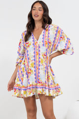 Annika Mini Dress - V-Neck Empire Line Dress with Balloon Sleeves in Wavey Print