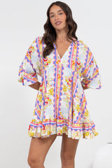 Annika Mini Dress - V-Neck Empire Line Dress with Balloon Sleeves in Wavey Print