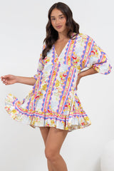 Annika Mini Dress - V-Neck Empire Line Dress with Balloon Sleeves in Wavey Print