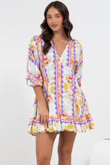 Annika Mini Dress - V-Neck Empire Line Dress with Balloon Sleeves in Wavey Print