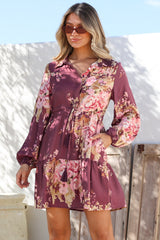 Anora Mini Dress - Collared Long Sleeve Dress with Pull Tie Waist in Vela Print Burgundy