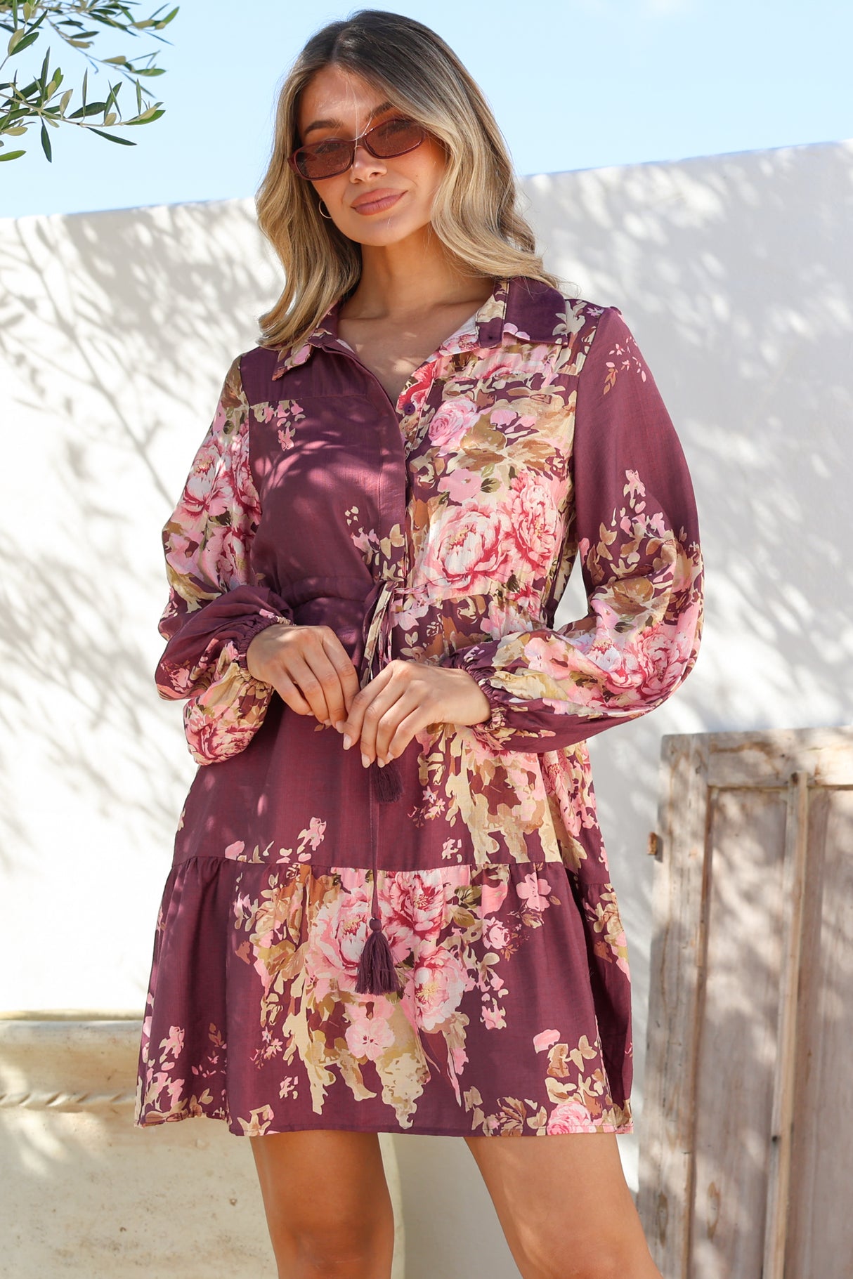 Anora Mini Dress - Collared Long Sleeve Dress with Pull Tie Waist in Vela Print Burgundy