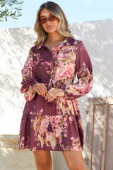 Anora Mini Dress - Collared Long Sleeve Dress with Pull Tie Waist in Vela Print Burgundy