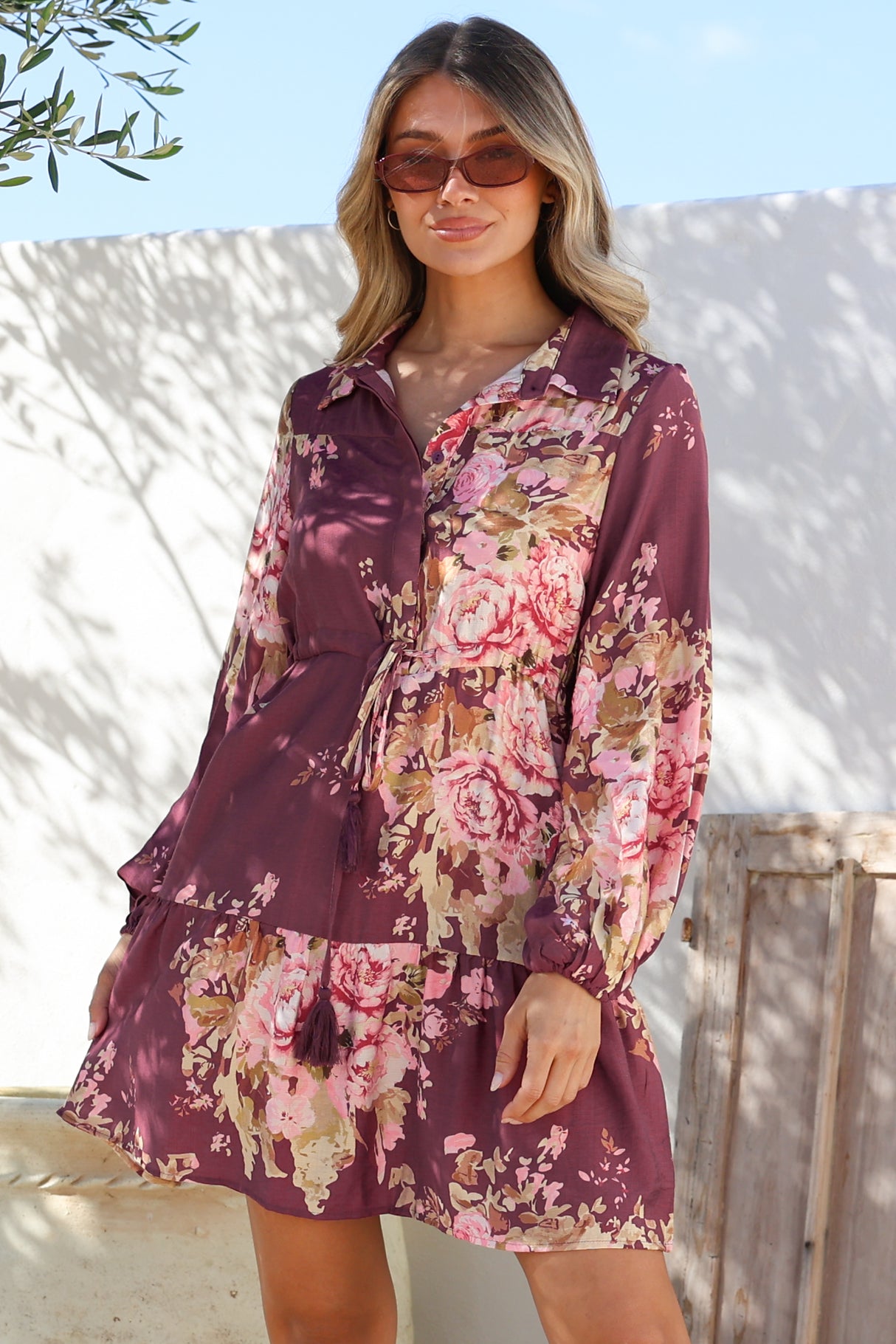 Anora Mini Dress - Collared Long Sleeve Dress with Pull Tie Waist in Vela Print Burgundy