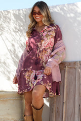 Anora Mini Dress - Collared Long Sleeve Dress with Pull Tie Waist in Vela Print Burgundy