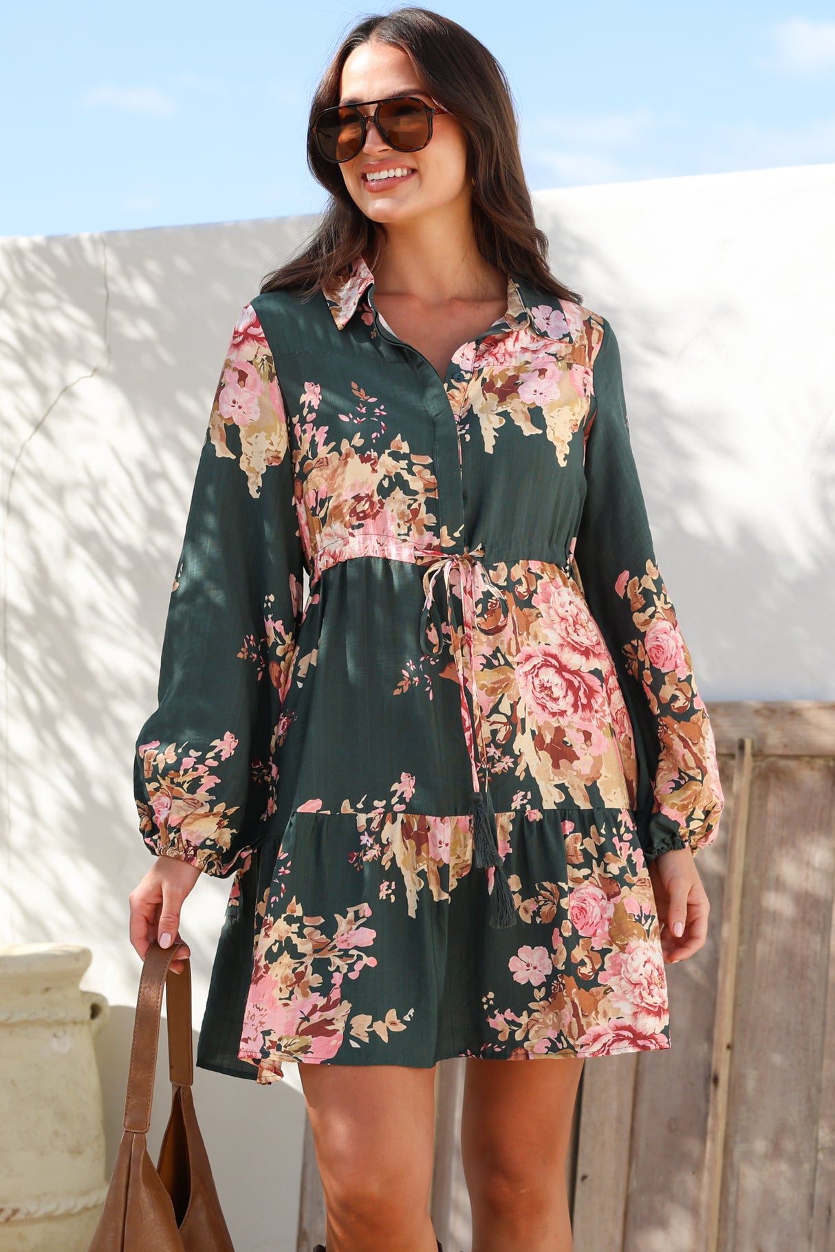 Anora Mini Dress - Collared Long Sleeve Dress with Pull Tie Waist in Vela Print Emerald