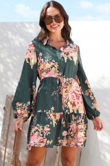 Anora Mini Dress - Collared Long Sleeve Dress with Pull Tie Waist in Vela Print Emerald