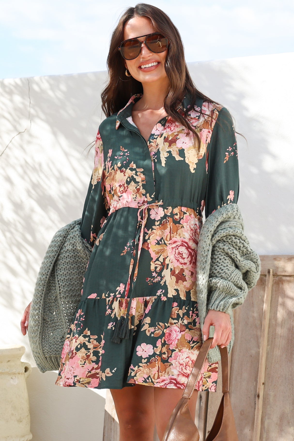 Anora Mini Dress - Collared Long Sleeve Dress with Pull Tie Waist in Vela Print Emerald