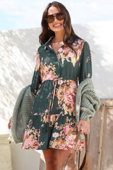 Anora Mini Dress - Collared Long Sleeve Dress with Pull Tie Waist in Vela Print Emerald