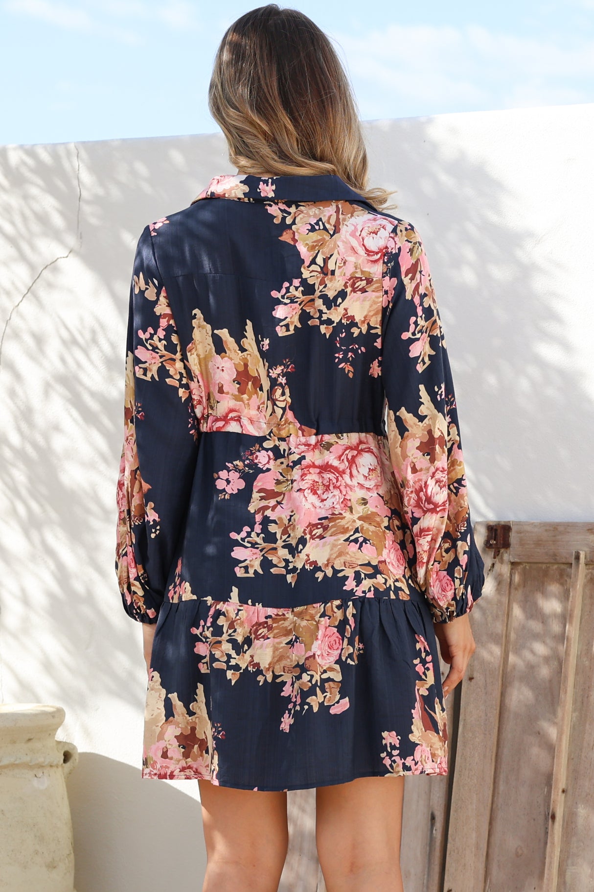 Anora Mini Dress - Collared Long Sleeve Dress with Pull Tie Waist in Vela Print Navy