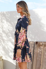 Anora Mini Dress - Collared Long Sleeve Dress with Pull Tie Waist in Vela Print Navy